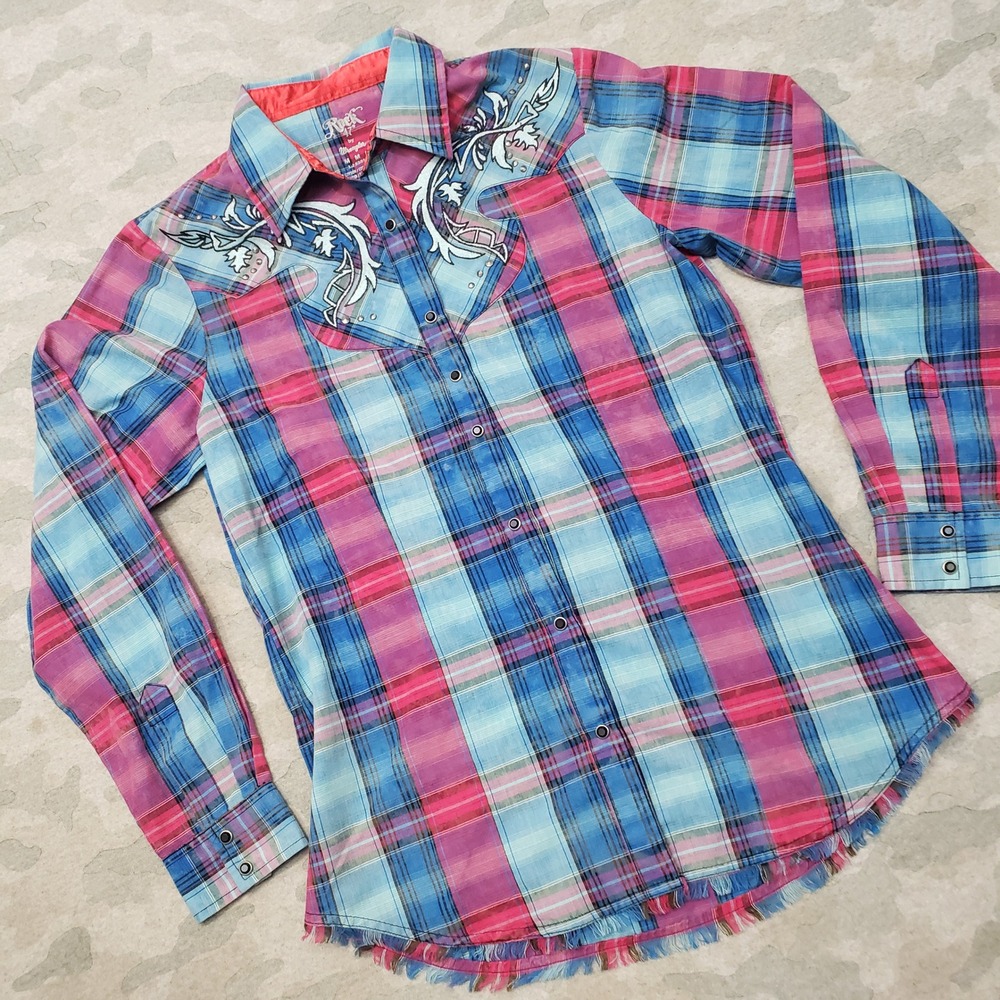 Rock 47 by Wrangler Top Womens Medium Blue Pearl Snap Long Sleeve Plaid Cowgirl - Picture 2 of 11